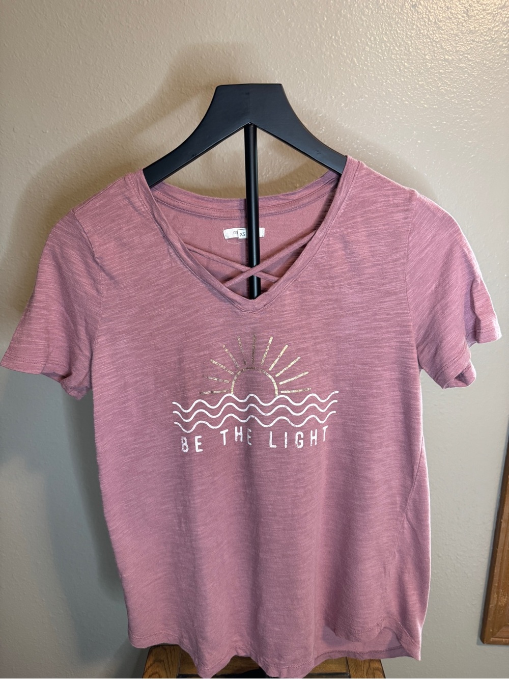 Maurices Mauve Crisscross V-Neck Tee with Gold Sun Graphic